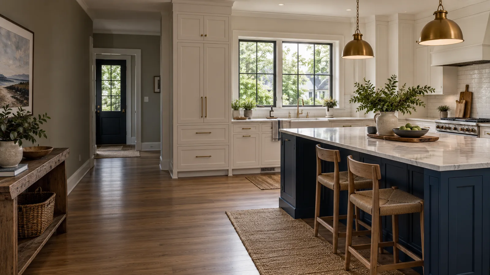 Kitchen design inspiration with a navy island, white cabinetry and warm wood finishes