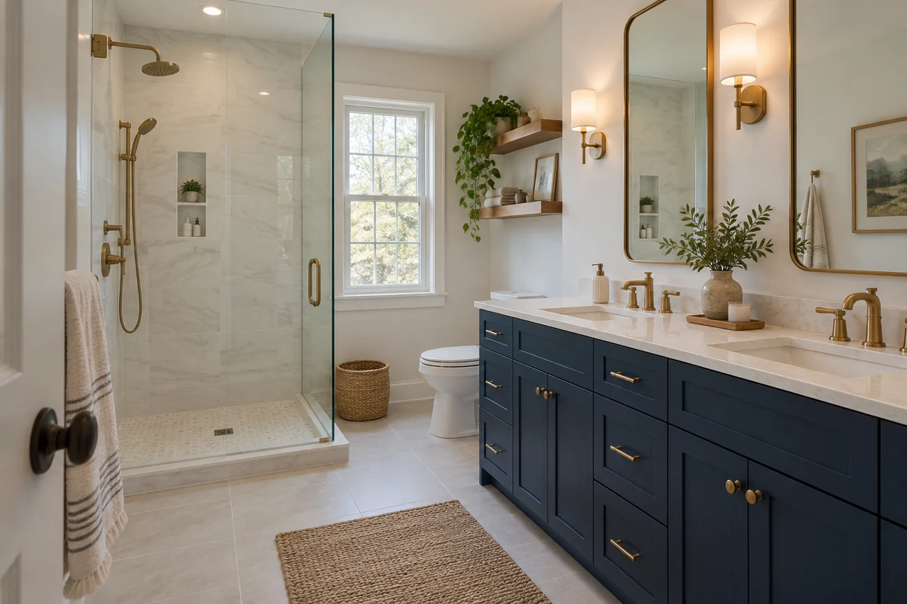 Bathroom design concept with a navy vanity, brass fixtures and glass shower
