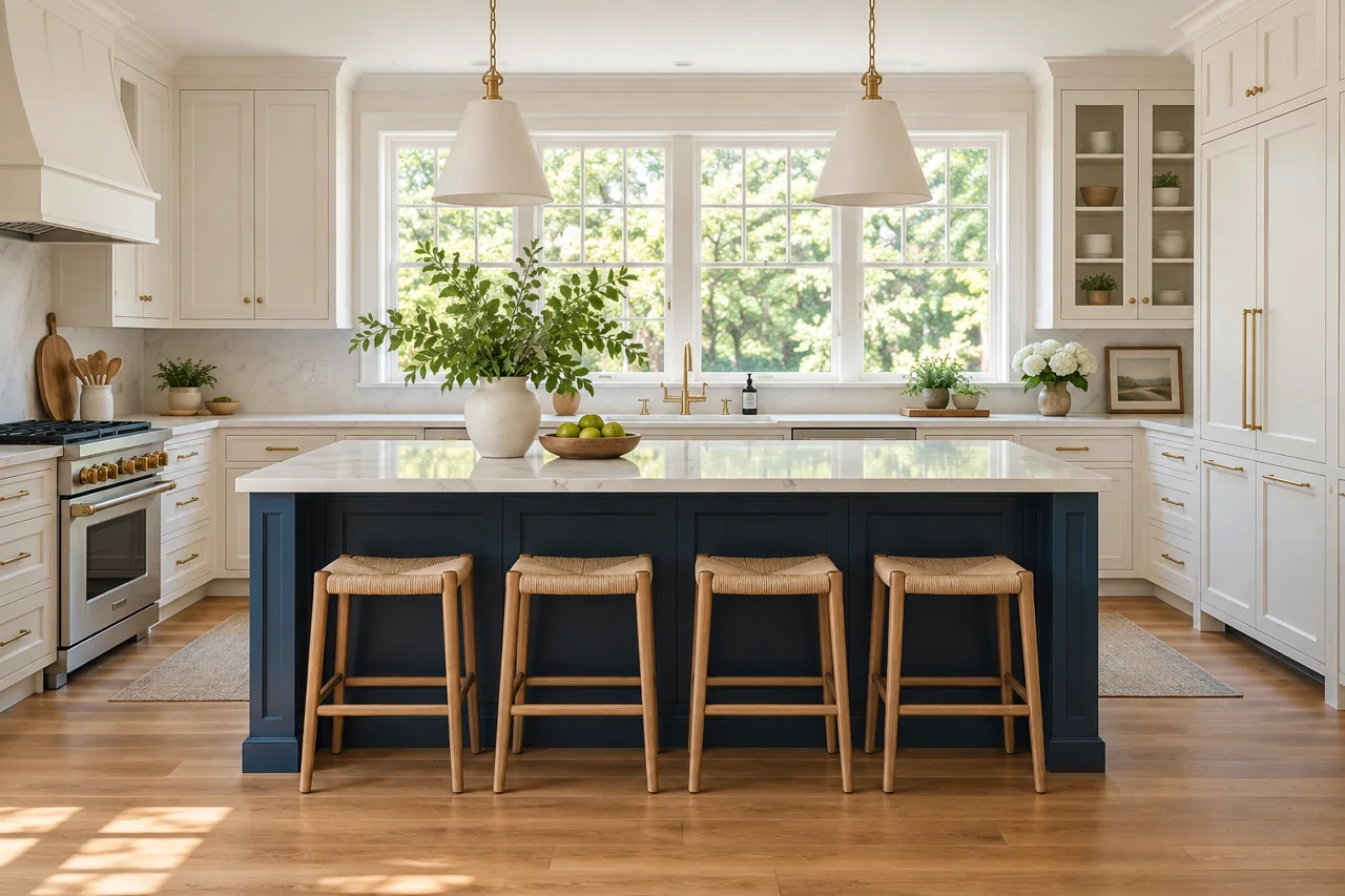 Kitchen design inspiration with a navy island, white cabinetry and natural light